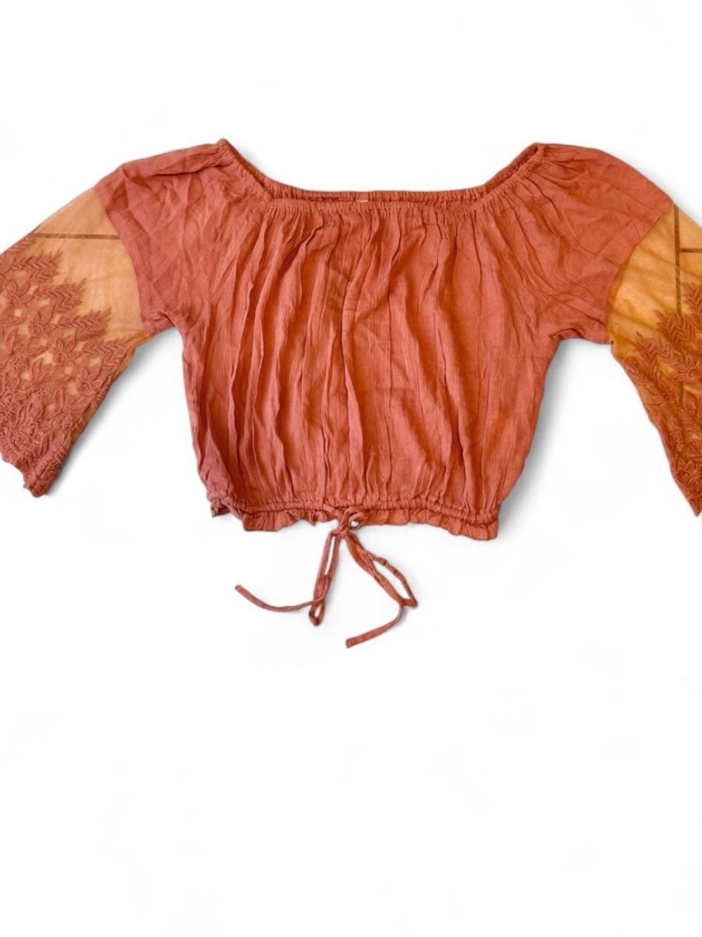 True Destiny Rust Off-Shoulder Tie-Waist Crop Top Embroidered 3/4Sleeves M.
